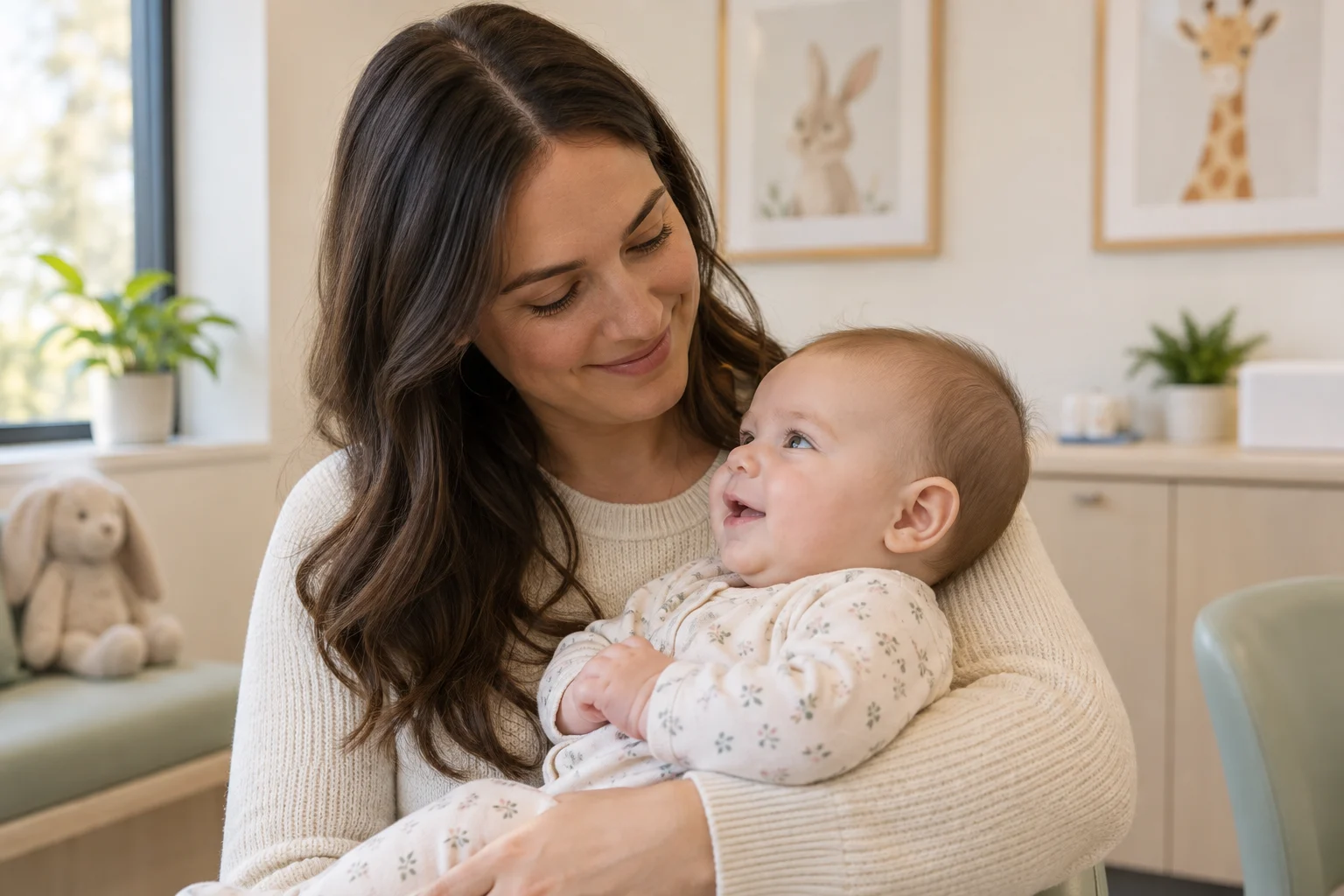 Illustrative scene of a parent holding a baby, with the baby’s ear visible.