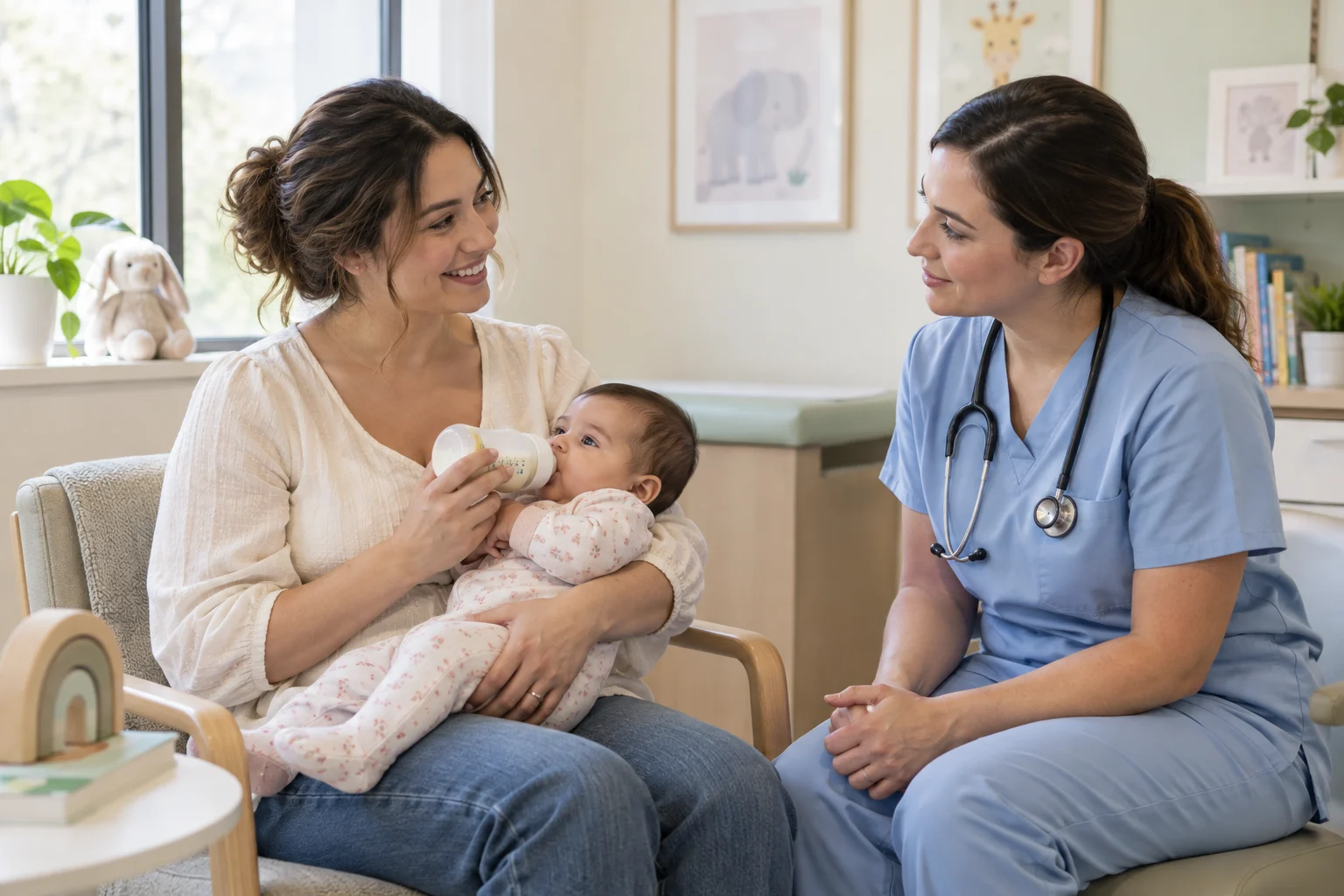 A mother feeding her baby while a clinician sits with her.