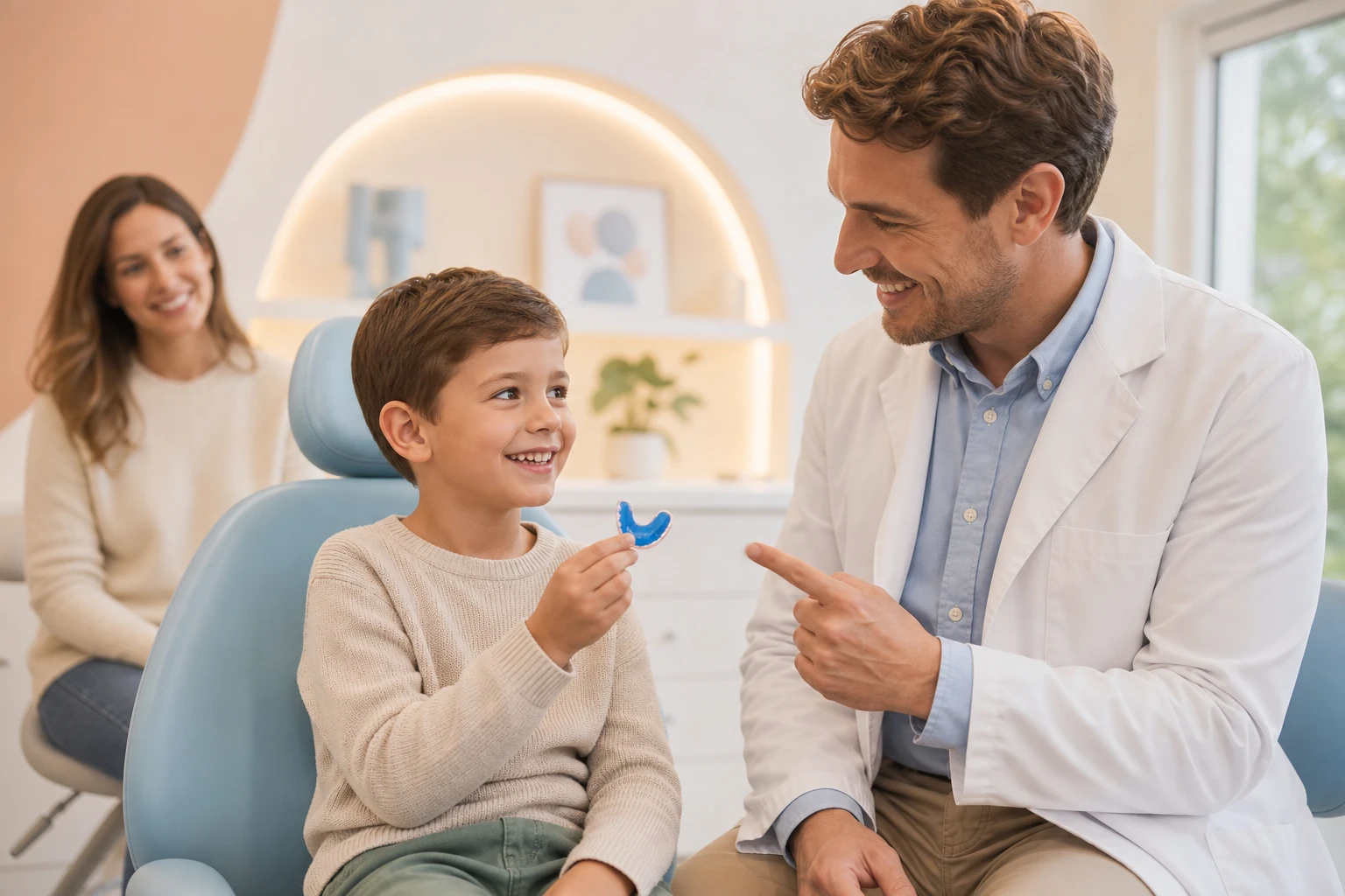 A child in a dental chair holding a removable orthodontic appliance while a clinician explains how it works.
