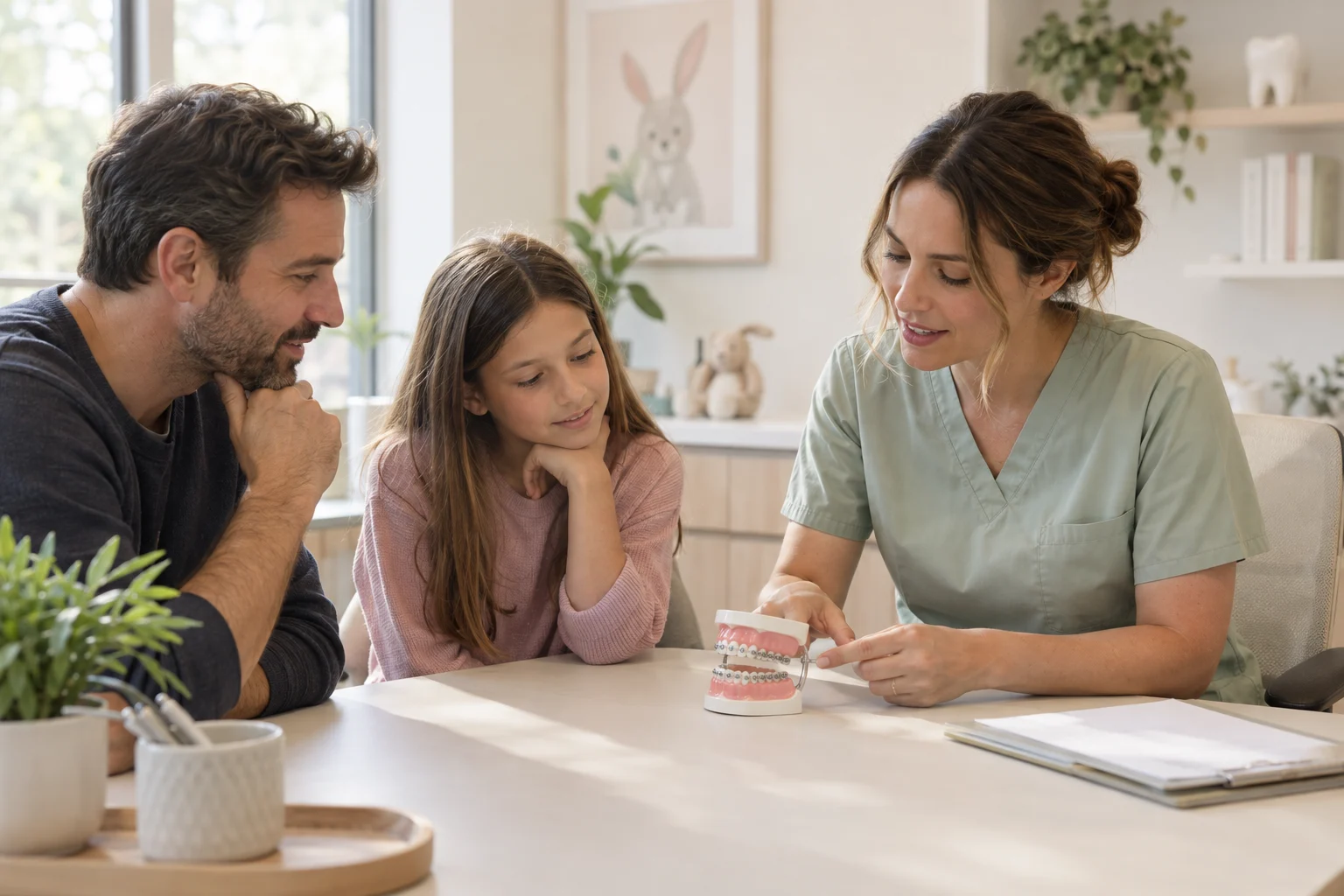 Illustrative scene of a child and parent learning about orthodontics using a dental model.