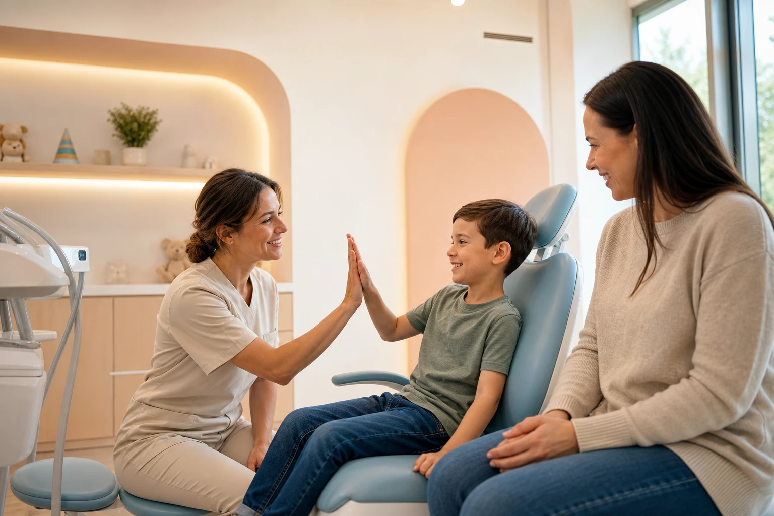 Illustrative scene of a dentist and a child in the treatment room, with a parent sitting alongside.