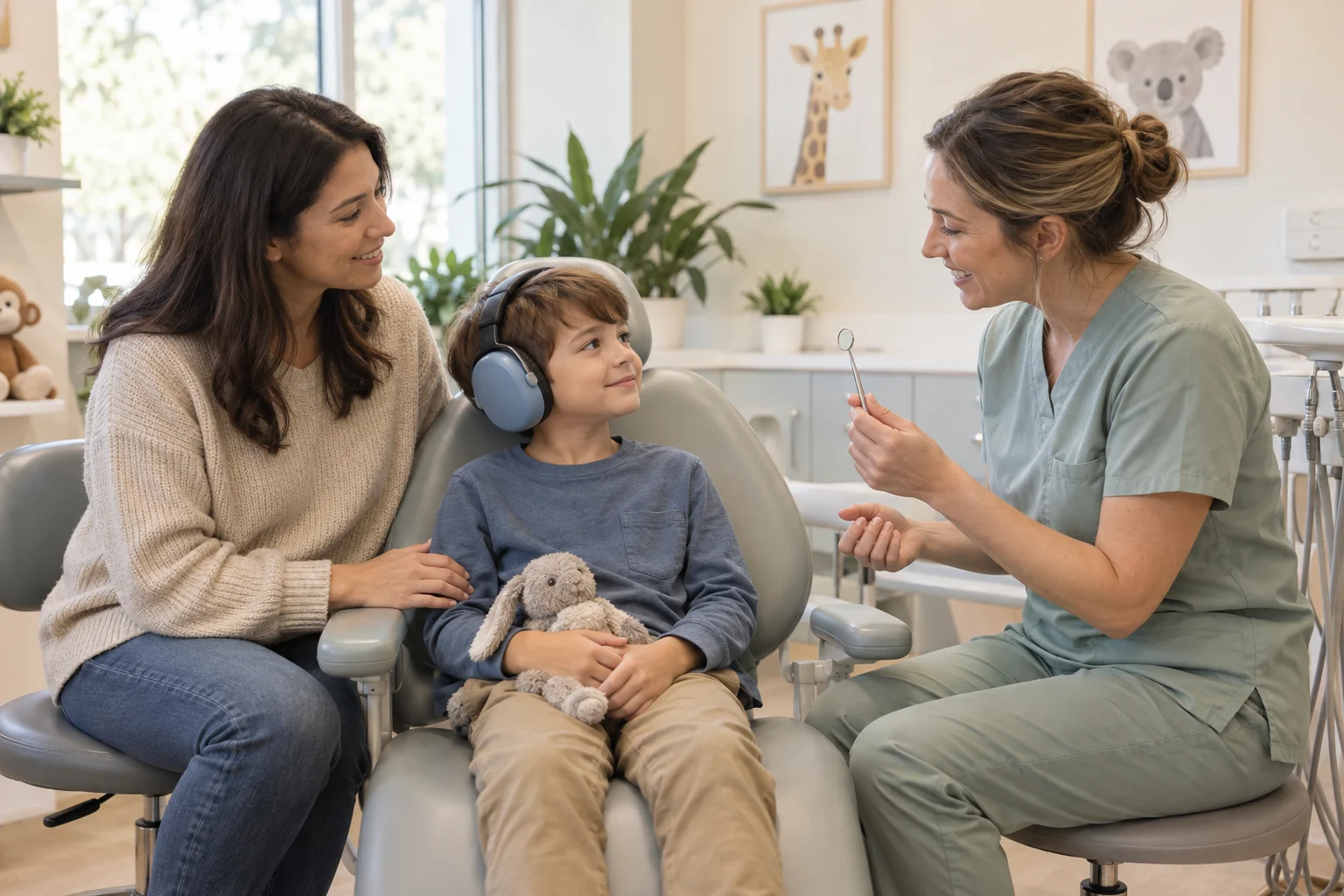 Illustrative scene of a child wearing headphones during a gentle introduction to a dental visit.